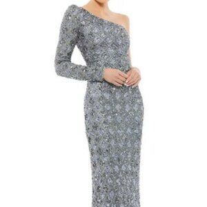 COPY Mac Duggal Slate Blue Grey Beaded Sequin One Shoulder Evening Gown